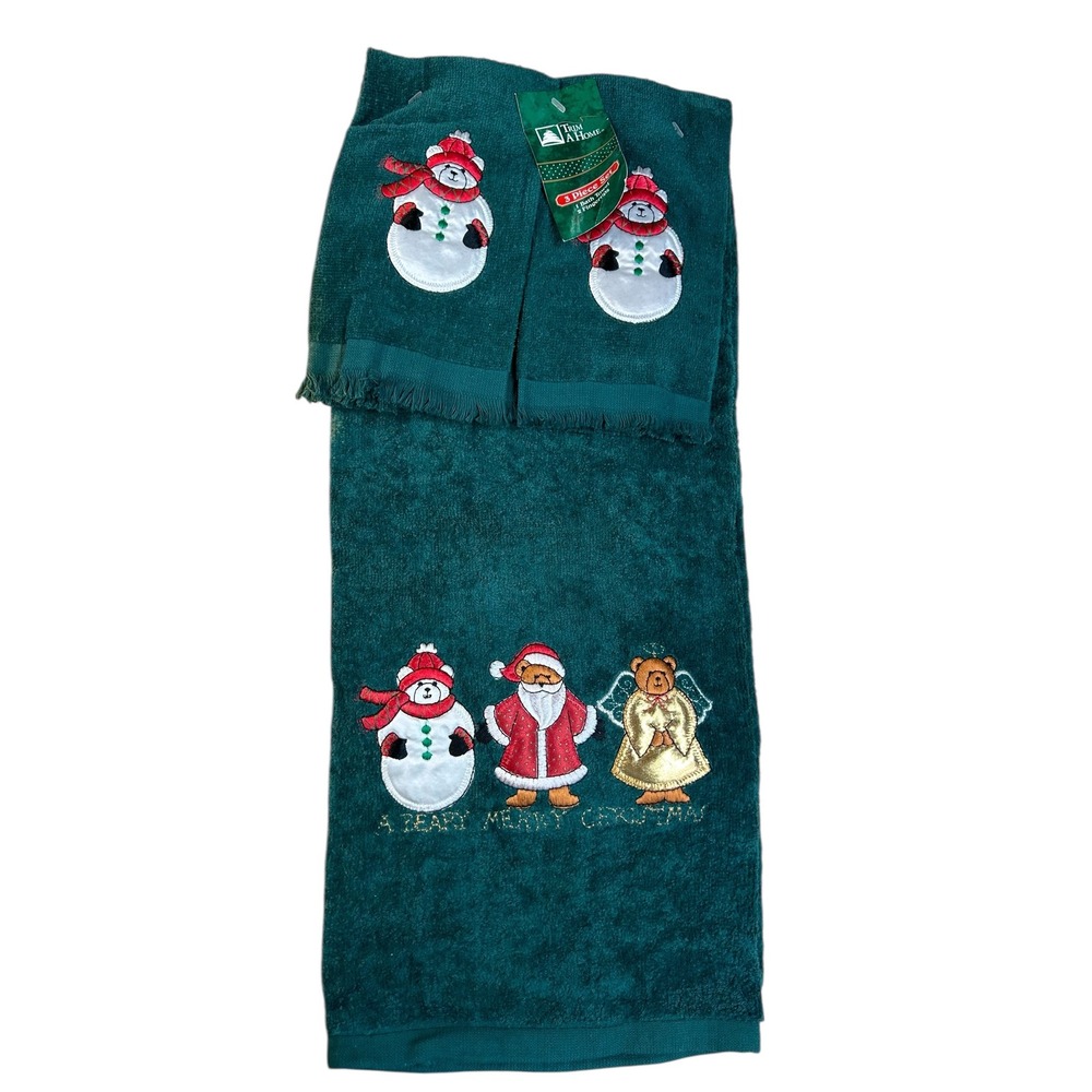 Trim A Home 3 Piece Christmas‎ Towel Set Green Snowman Santa Bear Bath Fingertip